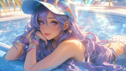 4K 纯欲泳池紫发美女	