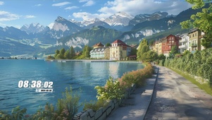 护眼房屋树木河流景