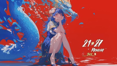 国潮二次元插画龙和少女