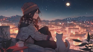 屋顶上的可爱女孩和小猫