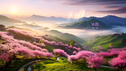 桃花青山白云飘