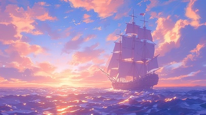 唯美晚霞海浪帆船