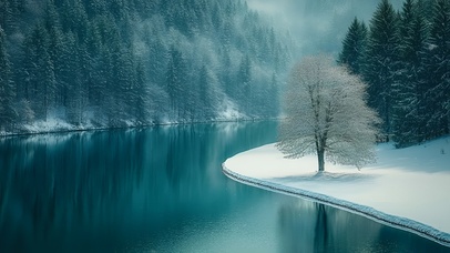 雪岸静湖独树