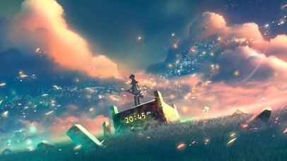 唯美治愈彩色云朵下的女孩