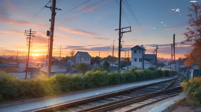 傍晚铁轨边的小镇
