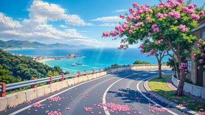 唯美落花海景公路