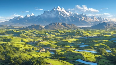 绿色山丘与雪山