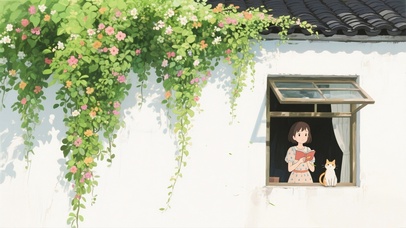 窗边看书的女孩与猫咪