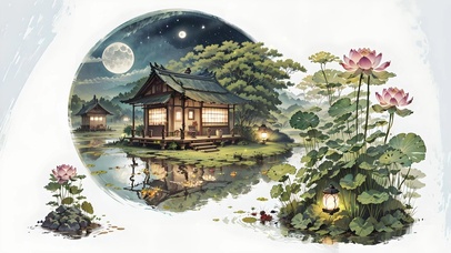 水墨风夏夜荷塘小屋