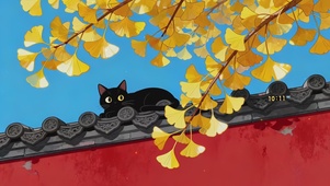 可爱银杏红墙黑猫