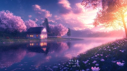 夕阳樱花溪流小屋