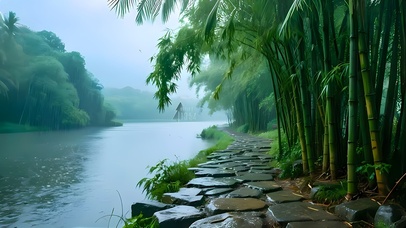 雨天竹林河流