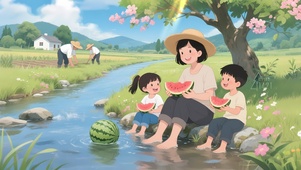 夏日河流边吃西瓜