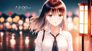 温馨湖畔灯火少女