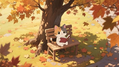 秋日树下看书小猫