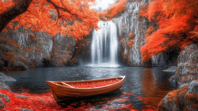 秋日瀑布下的小船