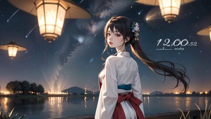 温馨湖边灯火少女