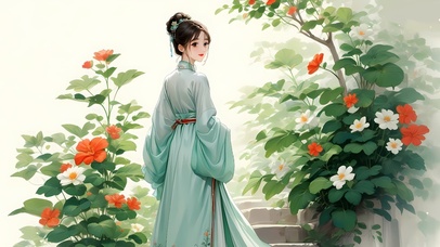 绿色护眼古风美女手绘花朵插画