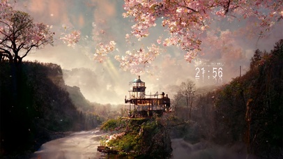 唯美樱花溪流木屋