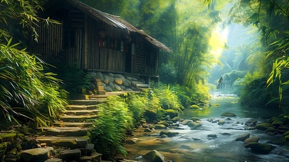 丛林溪水茅草屋