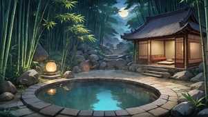 夜晚竹林温泉小屋