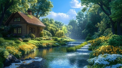 山间世外溪水房屋