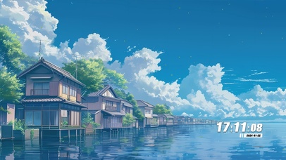 蓝天白云房屋海景