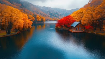 秋天枫林湖畔木屋