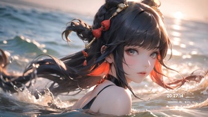 夕阳水中女孩