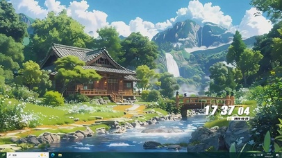 白云树木房屋河流景色桌面主题