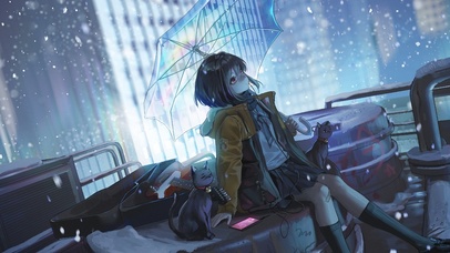 飘雪女孩黑猫天台