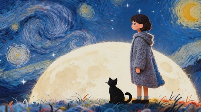 梵高星夜黑猫少女