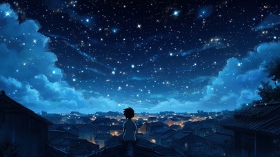 星空下的城镇与男孩