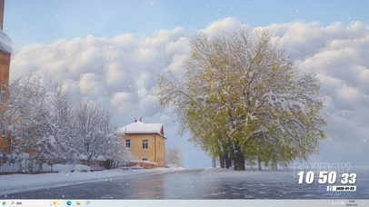 雪景树木房屋河流主题