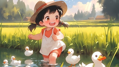 稻田里的放鸭女孩