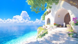 4k午后海景蓝天小屋