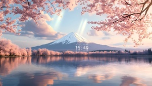 雪山樱花湖泊