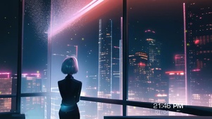 夜晚窗边的短发女孩