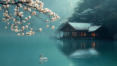 天鹅湖畔的宁静小屋