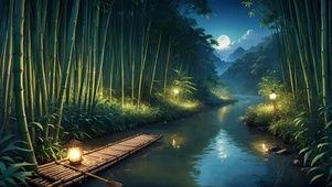 夜晚河中竹筏