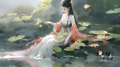 荷塘月色中萤火虫与少女