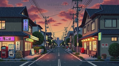 日式街道黄昏雨景