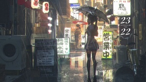 治愈雨天街道撑伞少女