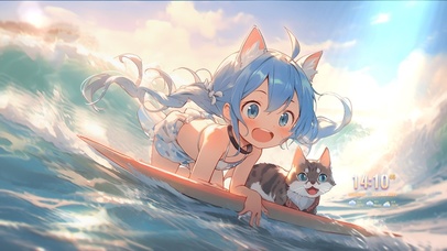 冲浪少女与猫咪