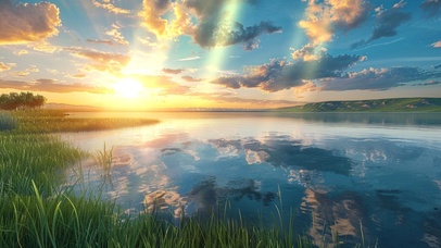 落日蓝天湖水绿草