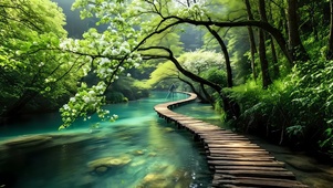 春天河流木桥