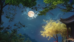 4k古建筑庭院的中秋夜空月亮