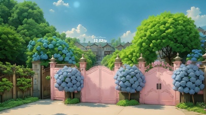 粉色大门前蓝色绣球花