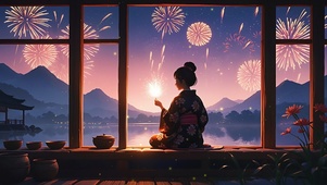 湖边看烟花的女孩