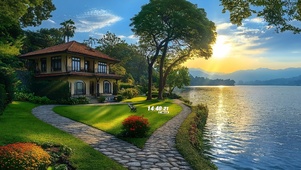 清新夕阳湖边别墅